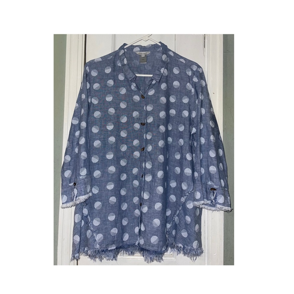 Linen Denim Blue Polka Dot Button Front Shirt
